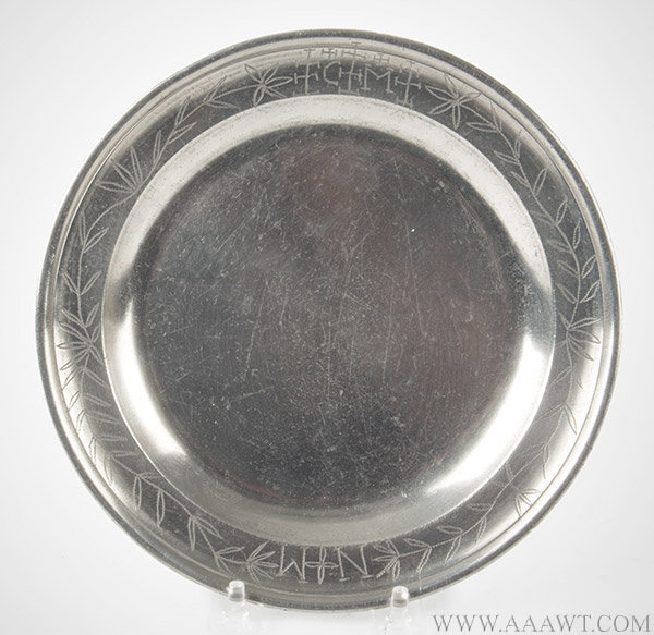 Pewter Plate, Single Reed, Engraved Rim, Burford and Green, London, 1748 to 1780, entire view